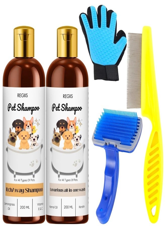 مجموعة العناية بالحيوانات الأليفة من ريجيس، مجموعة شامبو للكلاب مع قفاز للعناية، فرشاة، مشط، زجاجتين من مزيل الحكة وغسول الكل في واحد، 200 مل (عبوة من 5 قطع) - Image 1